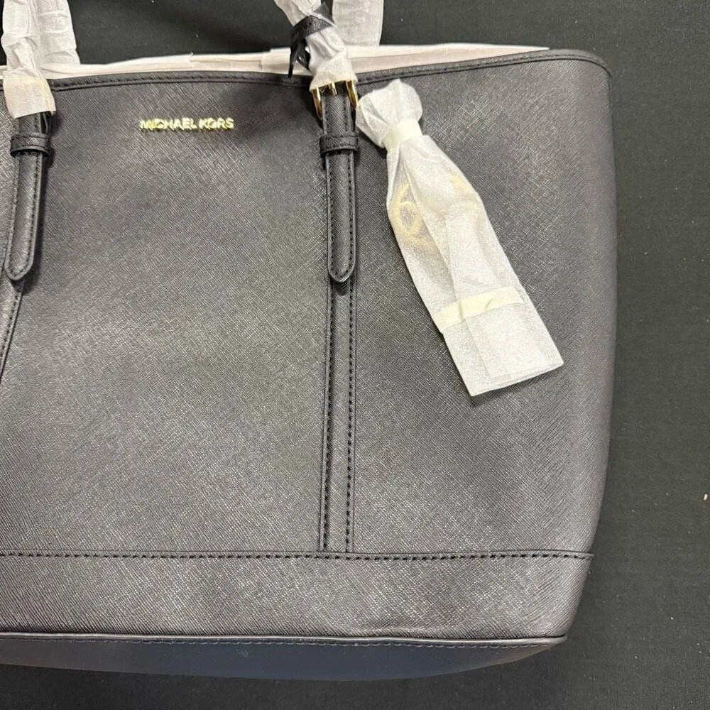 New Michael Kors Black Jet Set Travel Large Saffiano Leather Tote Bag